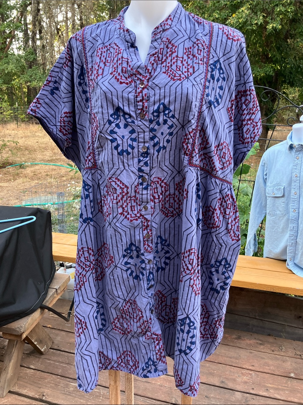 Marketplace 1W stamped printed dress with embroidery button front free size